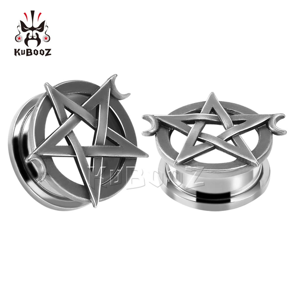 KUBOOZ Popular Stainless Steel Pentagram Star Moon Ear Tunnels Expanders Body Piercing Jewelry Earring Gauges Stretchers 2PCS