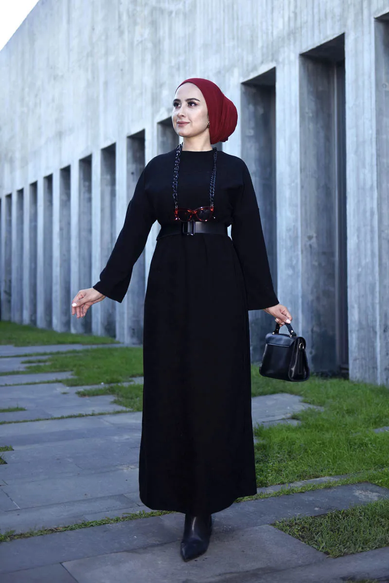 Leather Belted Dress Woman Long Dress Muslim Sets Hijab Abayas Women European Clothing Muslim Femme Arabic Hijab