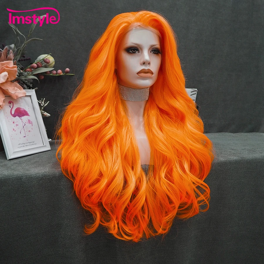 Imstyle Orange Wig Long Synthetic Lace Front Wig Natural Wavy Wigs for Women Lace Wig Heat Resistant Fiber Cosplay Wig