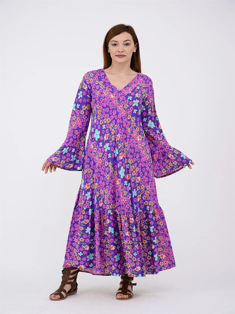 

Crispy Floral Patterned V-Neck Flare Sleeve Viscose Fabric Long Dress 2022 New Fashion Women's Clothing 3 Colors Options