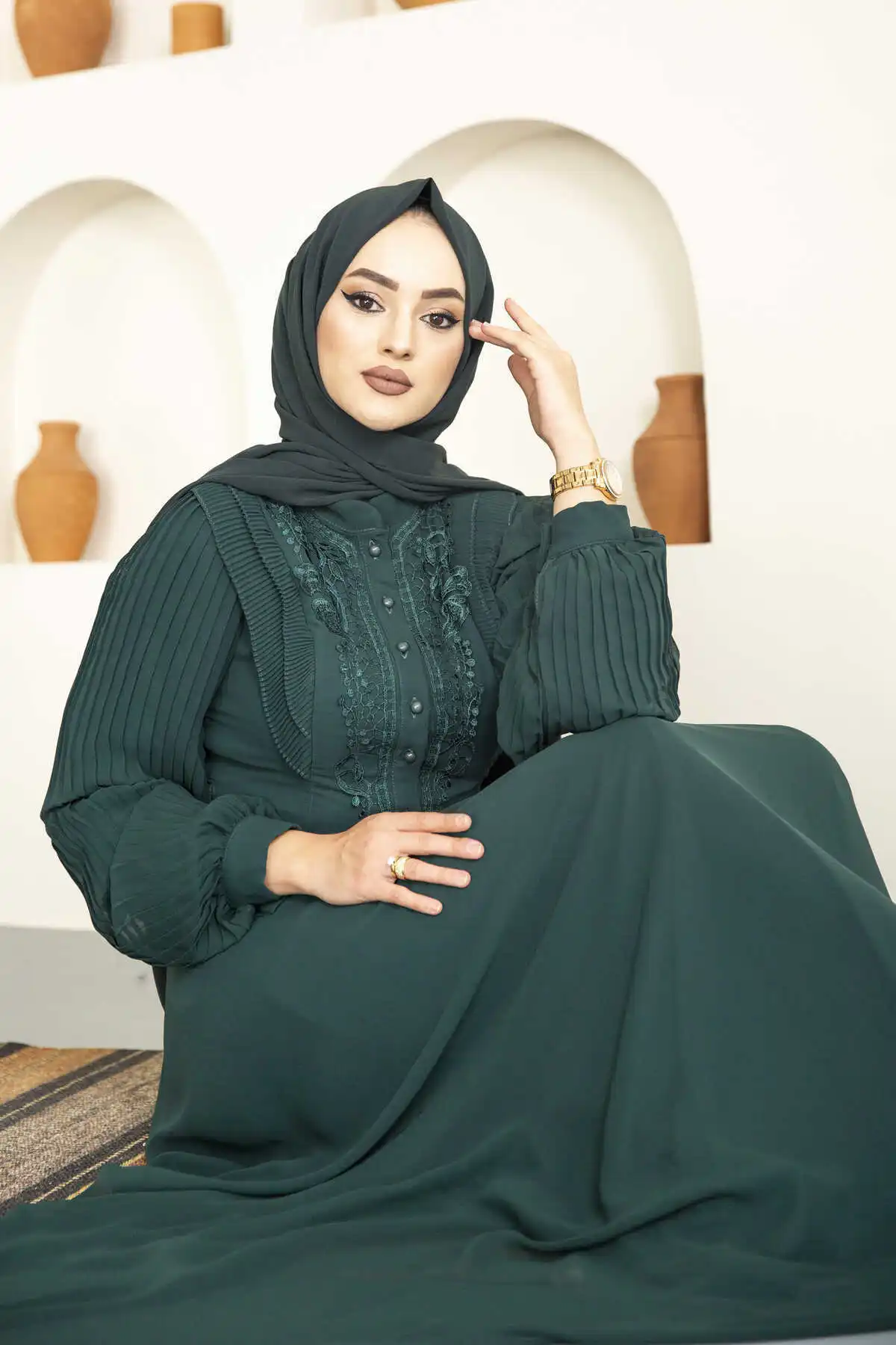 Chest Embroidered Sleeves Pleated Islamic Clothing Evening Dress Abaya Dubai Turkey 2022 New Year Hijab Women Long Ramadan Islamic