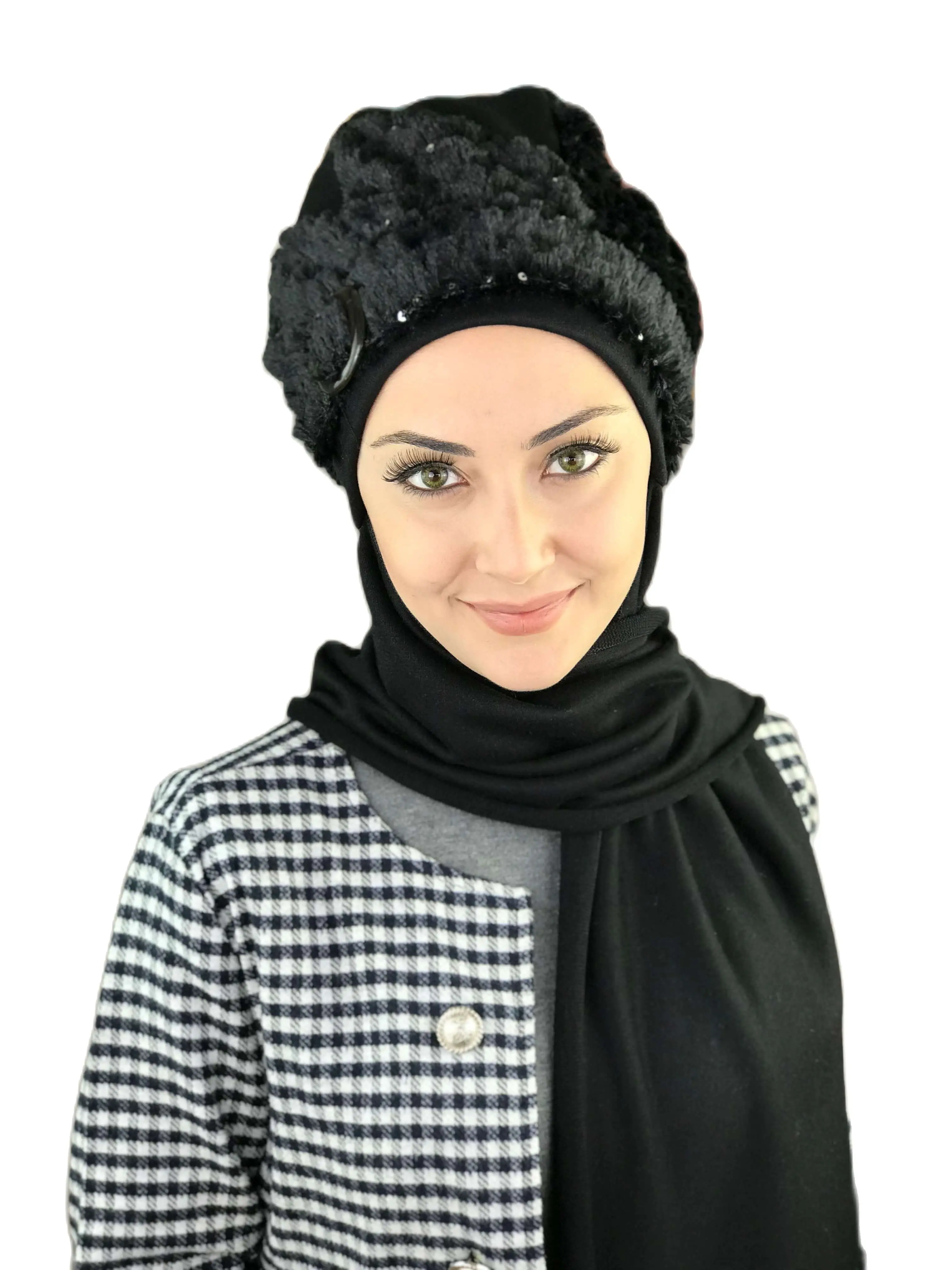 New Fashion Hijab Women Muslim 2021 Islami Turban Cancer Chemo Head Wrap Bonnet Silver Sequin Fur Black Scarf Beret Shawl