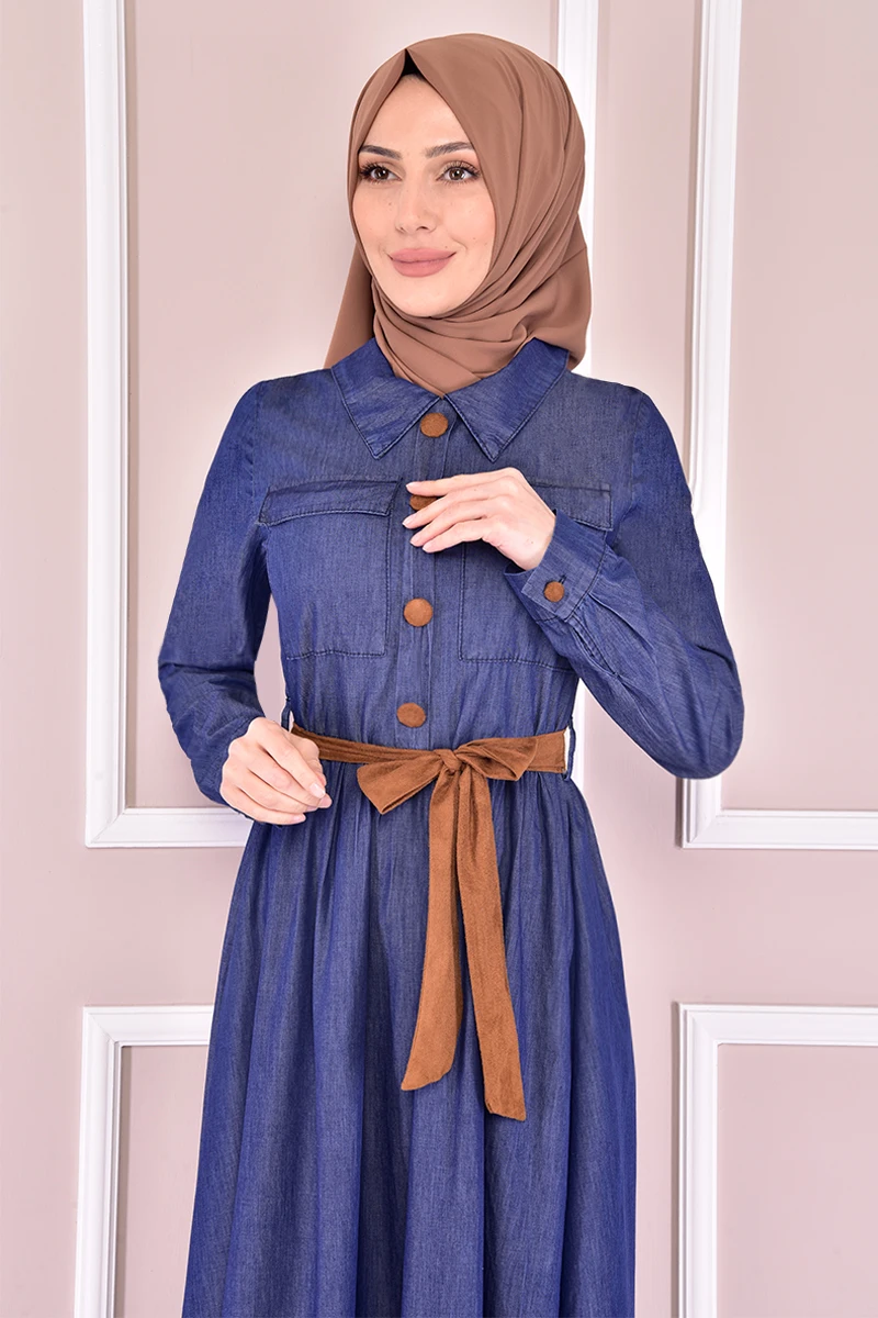 Suede Arched Jeans Dress Hole Button big size 44,46,48 dark Blue muslim long dress for women Dubai turkish hijab