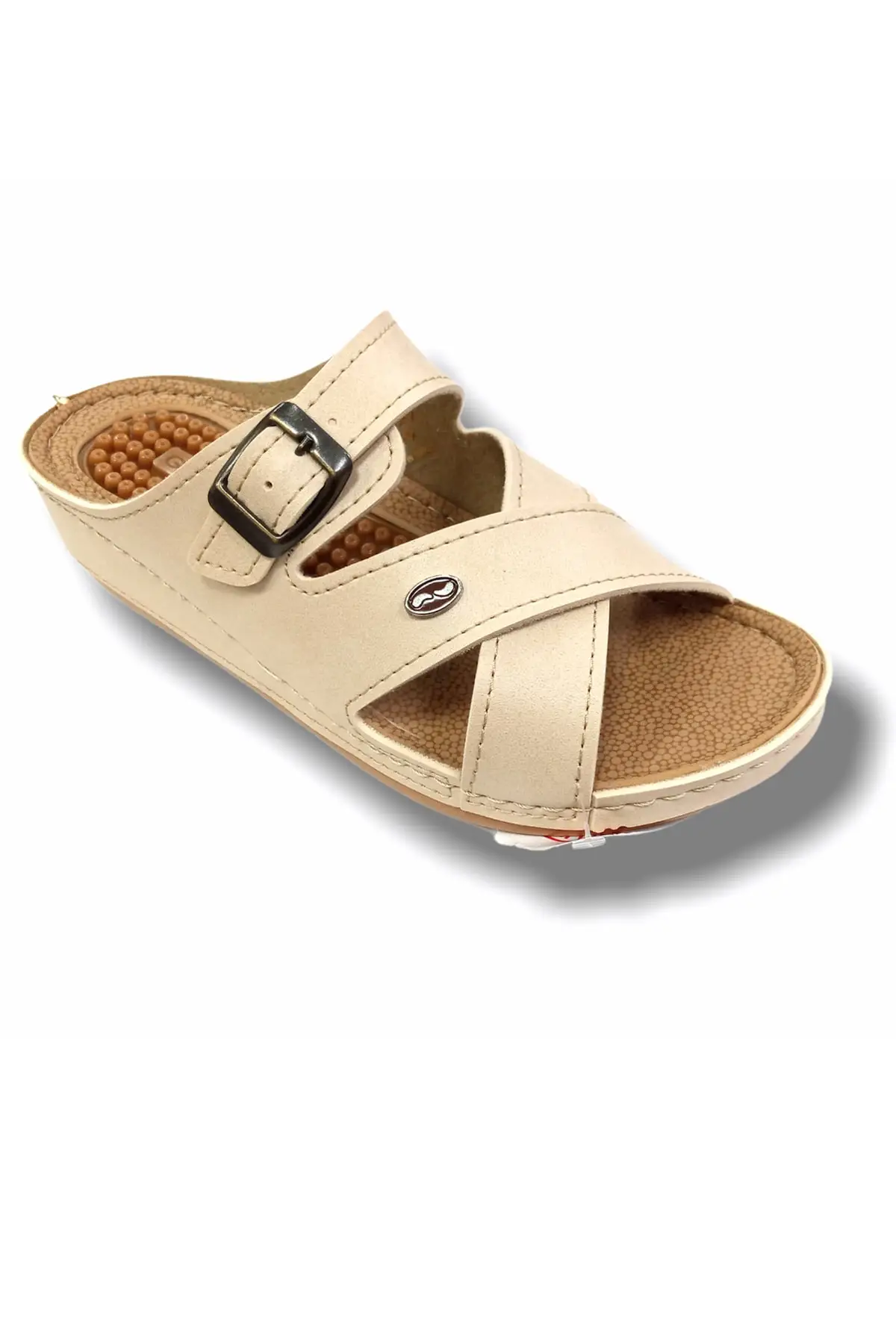 Overhead Women Beige Cross Buckled Massage Featured Sole Wedges Slippers 12236-Stylish design-Convenient-Quality