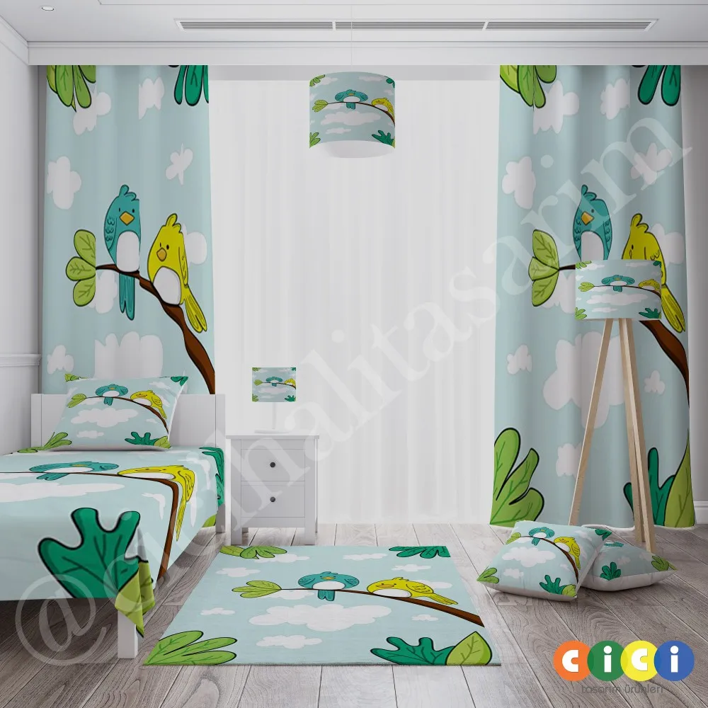 Tree Cloud and Birds Boy Baby Room Backdrop Curtain CUSTOM İSİM YAZILIR BED COVER PILLOW KIRLENT HALİ YAPİLİR