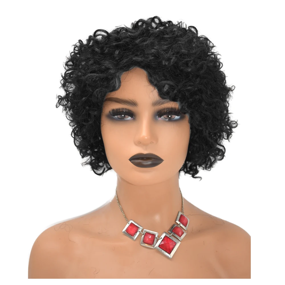 Rambut Manusia Pendek Afro Keriting Wig Keriting untuk Wanita Kulit Hitam dengan Poni Afrika Amerika Mesin Penuh Dibuat Tidak Ada Renda Depan Tanpa Lem Wi