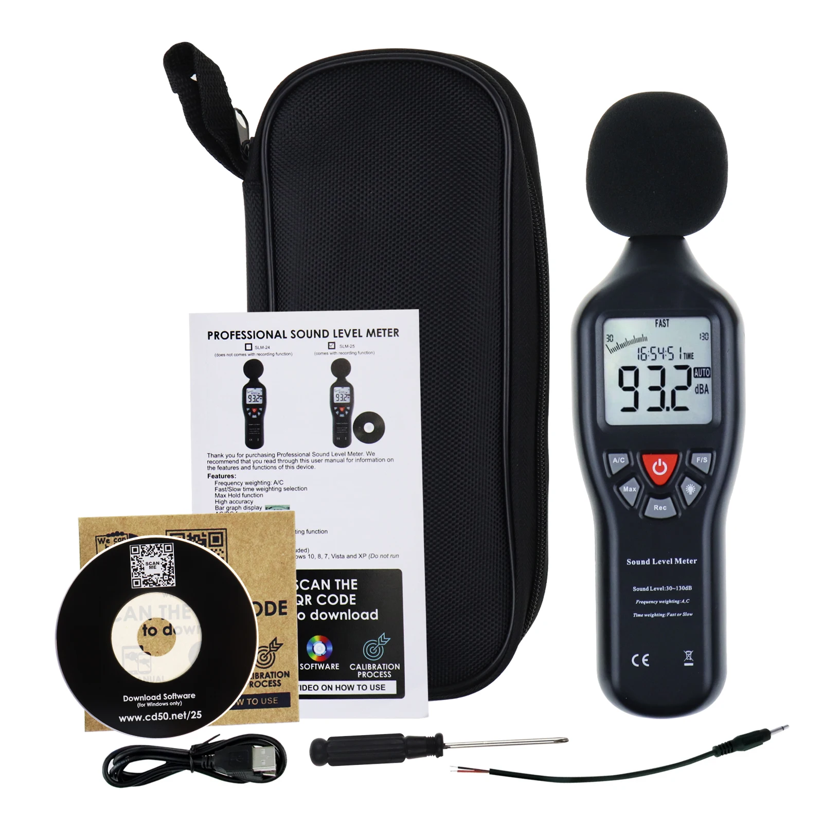 Fonometro digitale Decibel 30 dB - 130 dB con funzione di registrazione dati Software CD Tester di rumore Registratore