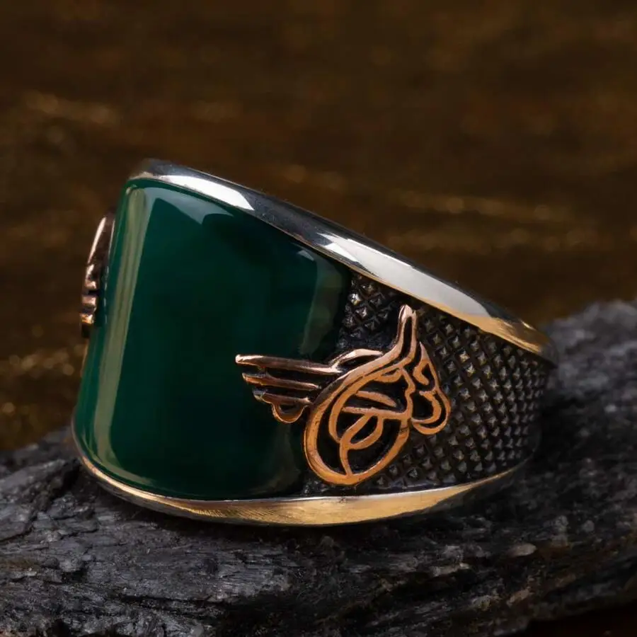 Convex Green Agate Stone Modern Silver Mens Ring with Tughra Fashion Turkish Premium Quality Handmade Jawelery