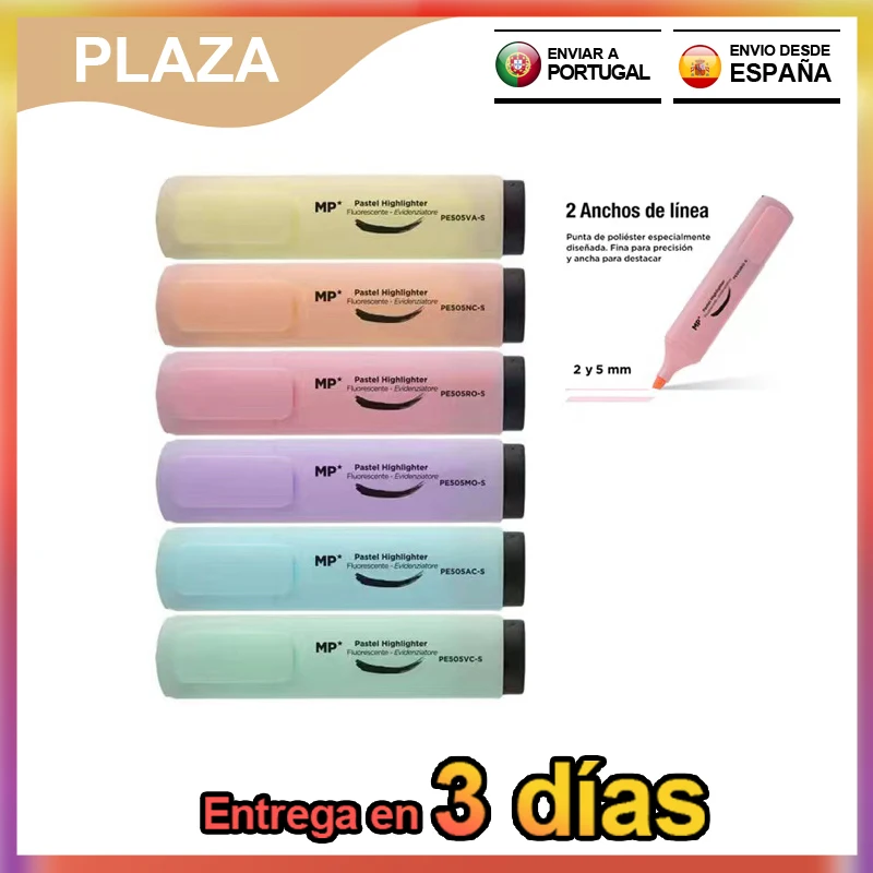 6 Pcz Pie PE505 Marker Fluorescent Markers, Blue Pink Yellow Lilac Salmon and Green, Free Fast Shipping from Spain