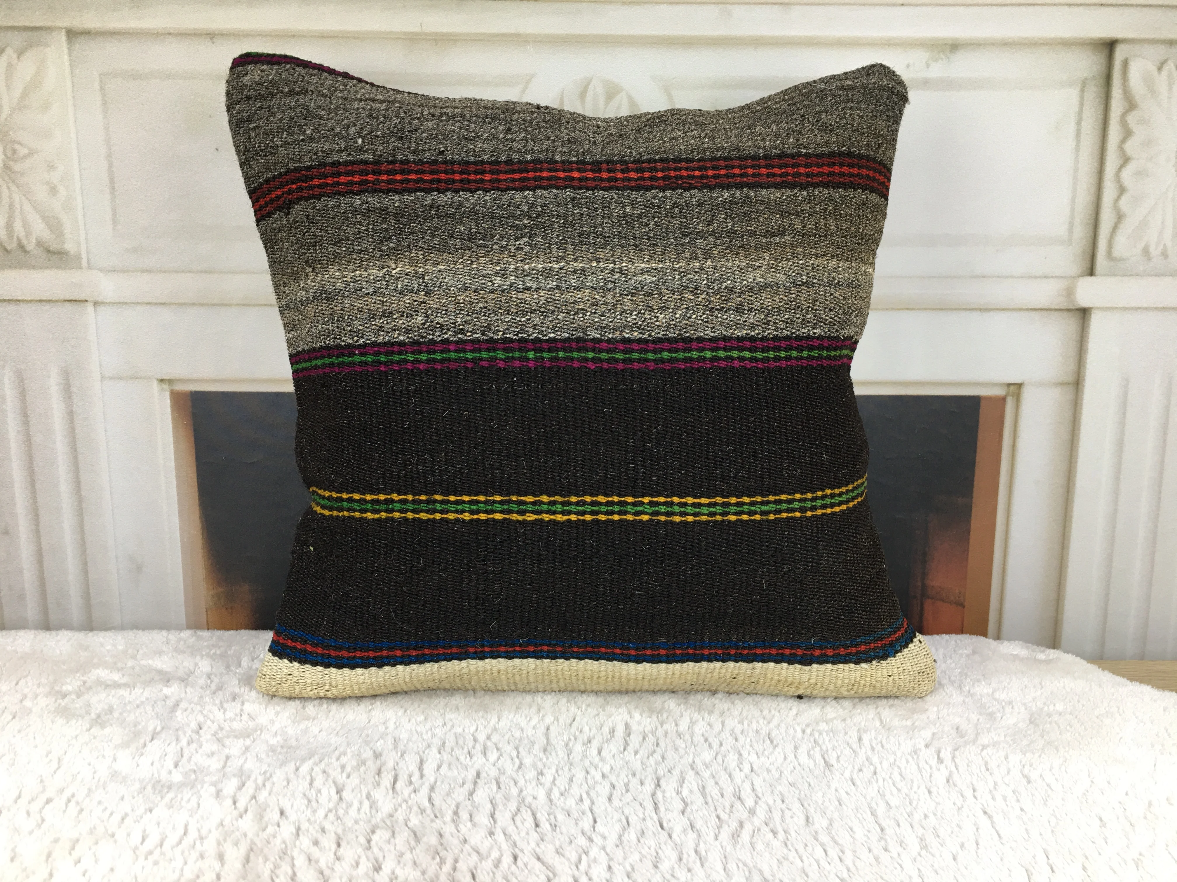 

Handmade Turkish Kilim Pillow Decorative Farmhouse Pillow - 18x18 Inches - 45x45 Cm Wool Hidden Zipper