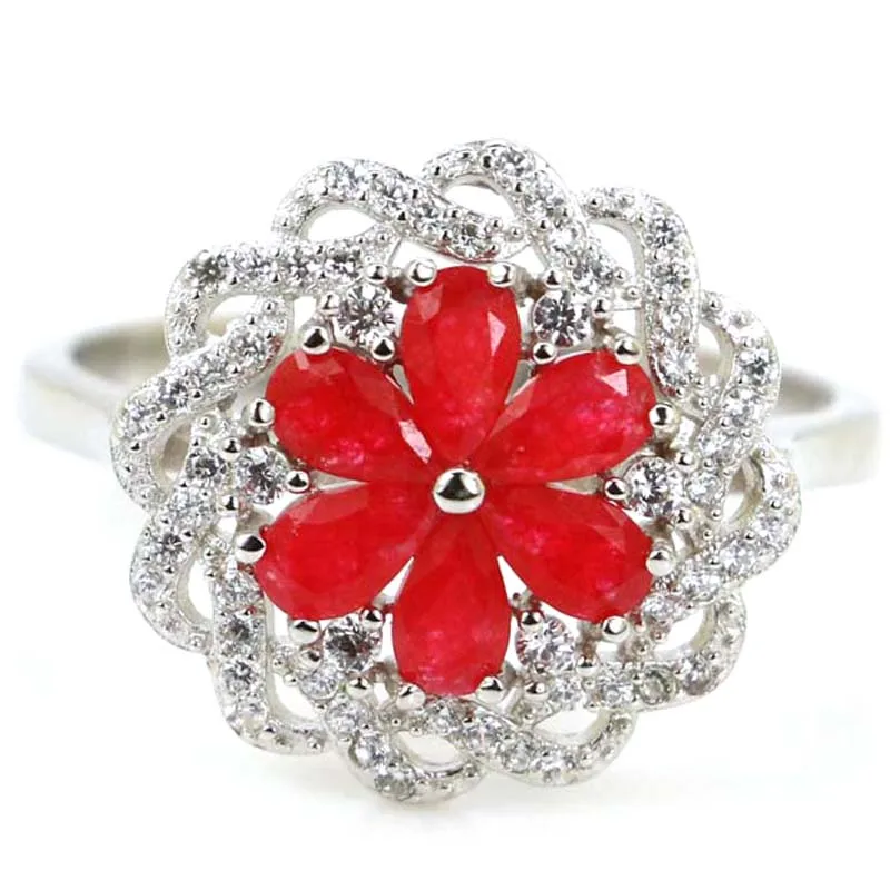 

17x17mm 3.7g Ravishing Flower Shape Real Red Ruby Natuarl CZ Daily Wear 925 Solid Sterling Silver Rings Eye Catching