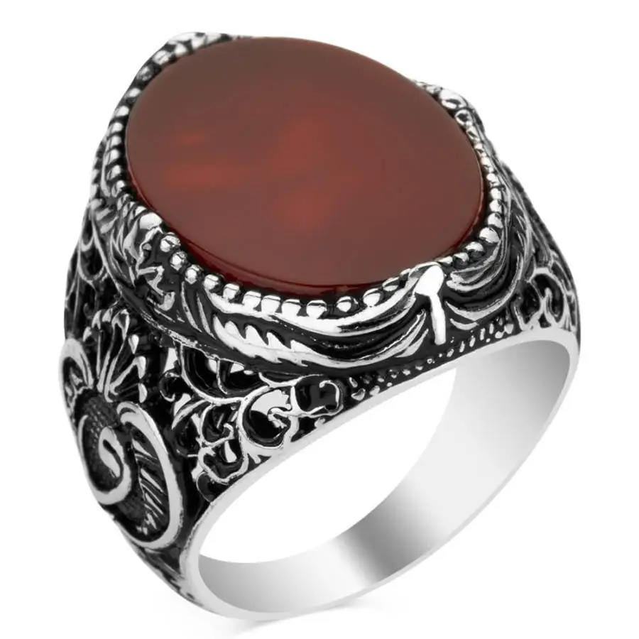 Silver Arabic Letter V Mens Ring with Plain Burgundy Agate Stone Fashion Turkish Premium Quality Handmade Jawelery