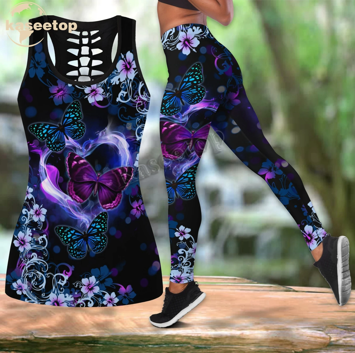 

Beautiful Butterfly 3D Print Women Two Piece Yoga Set Vest Hollow Combo Tank Top Legging Waist Sport Fitness Quick Dry LK315