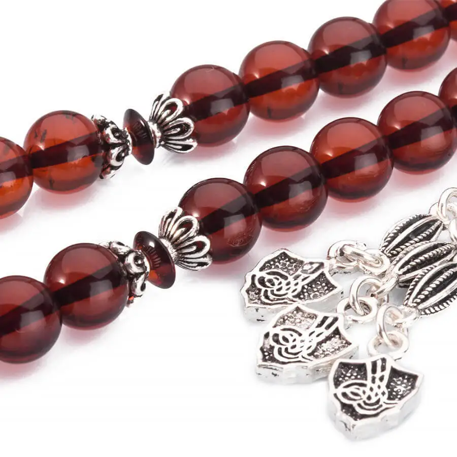 Silver Fire Amber Gemstone Prayer Rosary Men Drop Rosary With Silver Tassel Islamic Tasbih With Ottoman Tughra Model Tassel