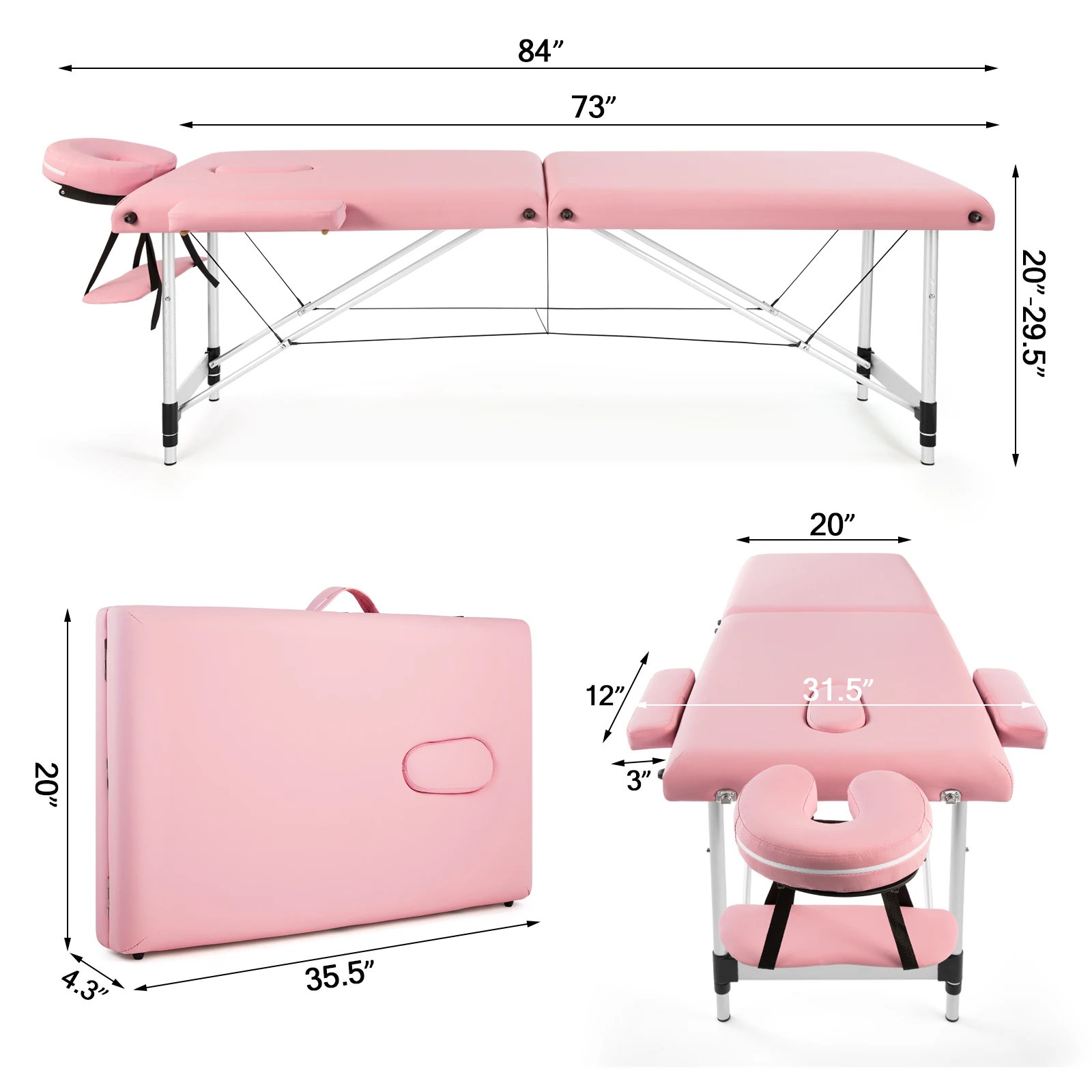 Beauty Massage Table Bed 2 Sections Folding Aluminium Alloy Leg 213x80x50-75CM Height Adjustable Versatile Portable Pink[US-W]