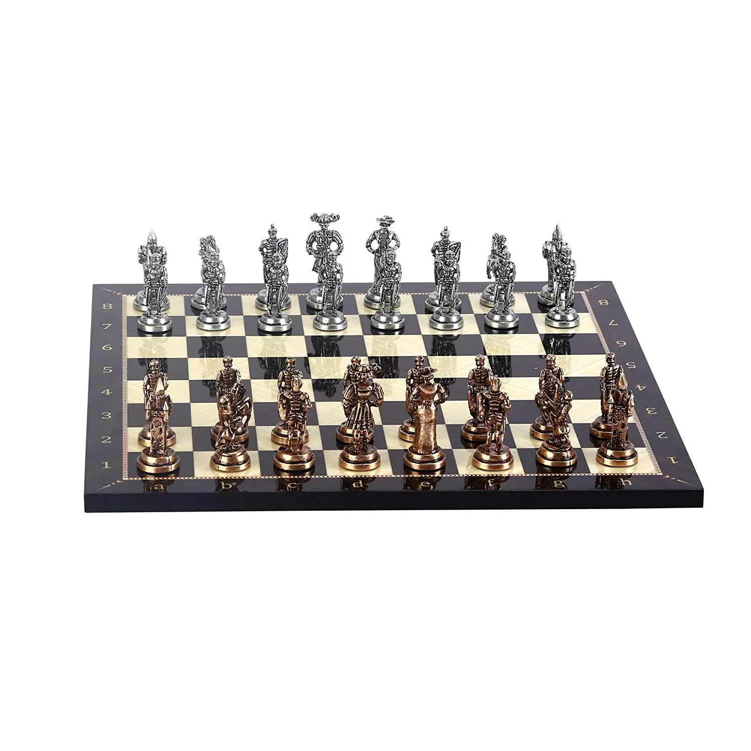 Historical Spanish Royal Guards Figures Metal Chess Set,Handmade Pieces,Walnut Patterned Wood Chess Board King 7 cm