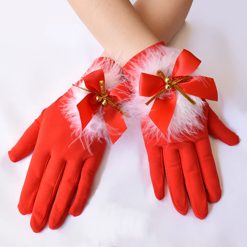 Gants courts rouges en Spandex à la mode pour femmes, mitaines de fête de noël avec clochettes, Costume de bal de fin d'année