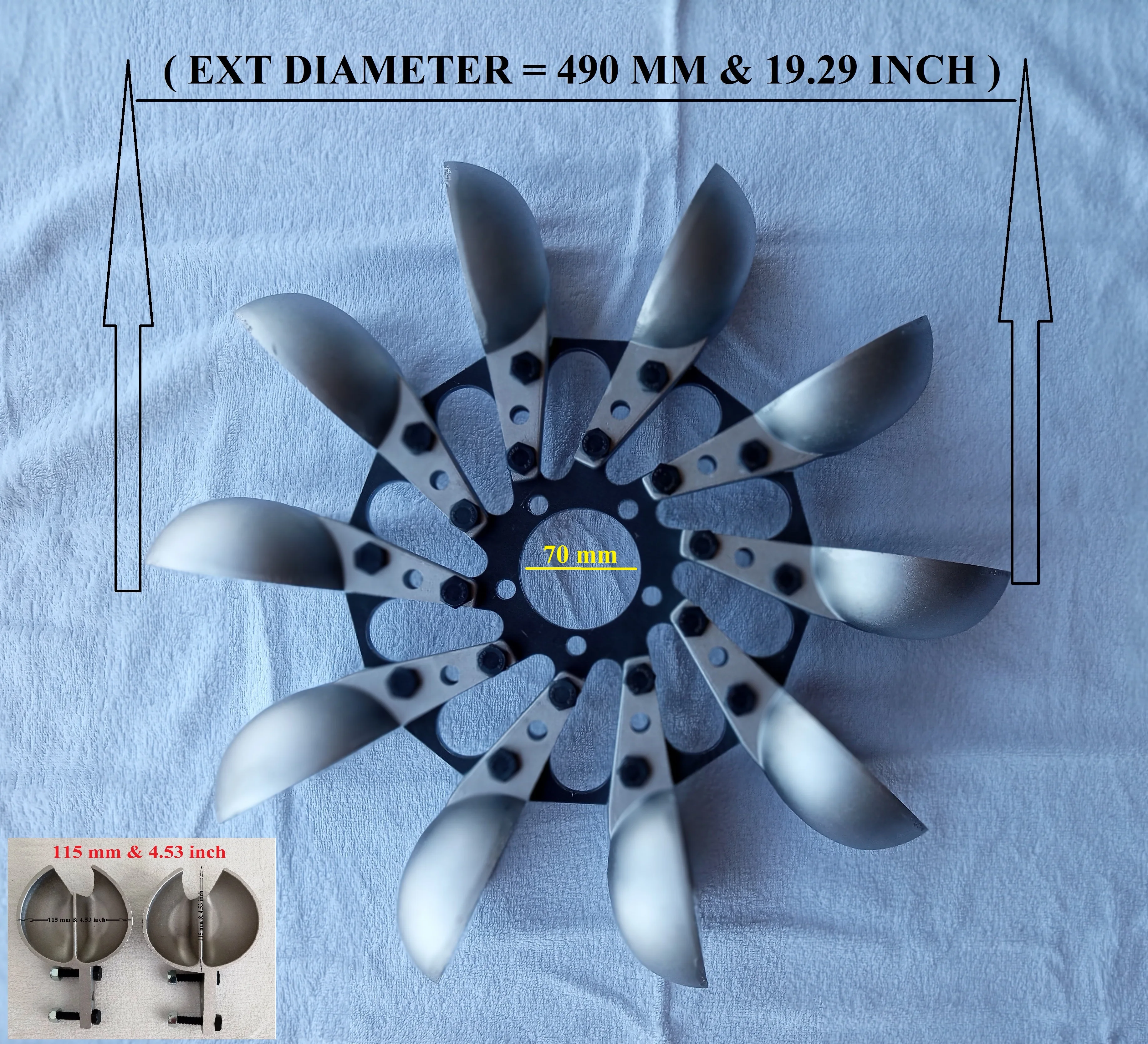 Pelton turbine wheel with 10 aluminum spoon, 490 mm 19.29 inch