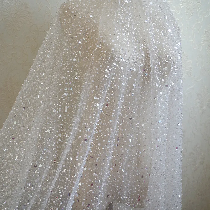 Luxury Lace Fabric With Silver Sequins And Beads French Lace Fabric For Bridal Dress And Haute Couture