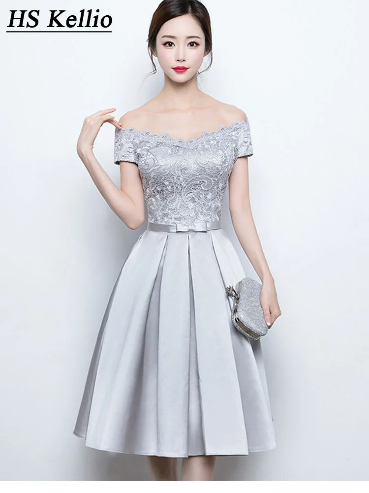 

Off Shoulder Silver Bridesmaid Dress Short Gown With Satin Belt