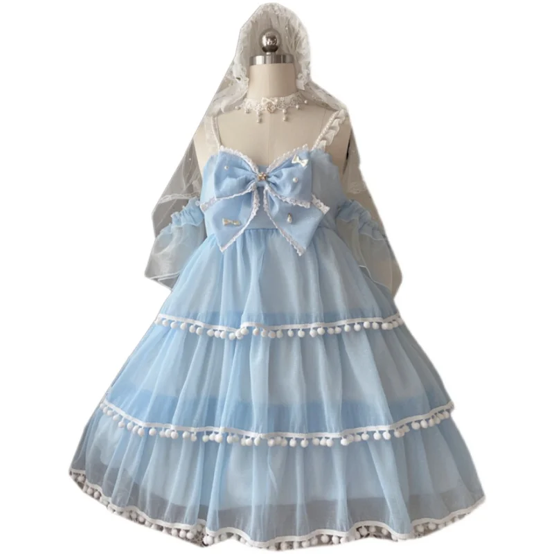 

Sweet Lolita Dress Layered off the Shoulder Slip Jumper Lolita Dress With Pompom