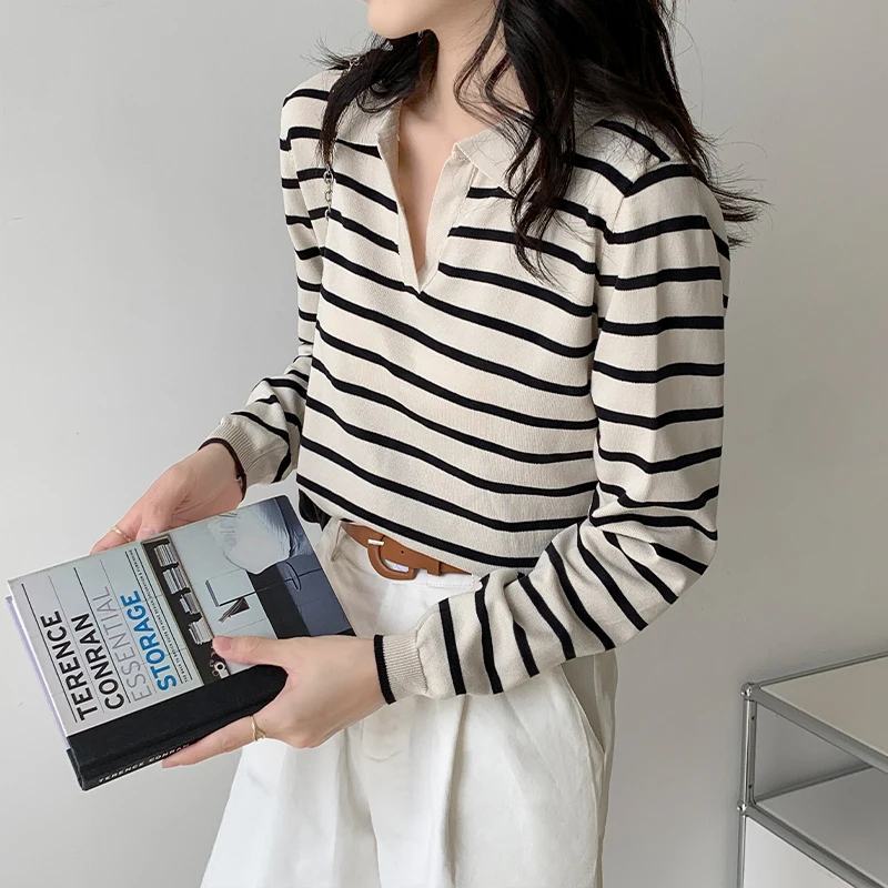 Striped Sweater Women Fall 2022 Casual Basic Long Sleeve V Neck Vintage Pullovers Korean Tops Elegant Office Jumpers