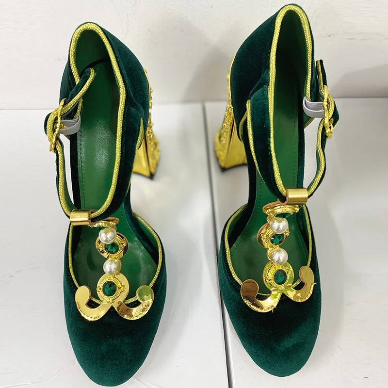 Zapatos de tacón alto grueso para mujer, sandalias sexys con decoración de Metal, punta redonda, cubierta de hebilla en el tobillo, color verde, para verano