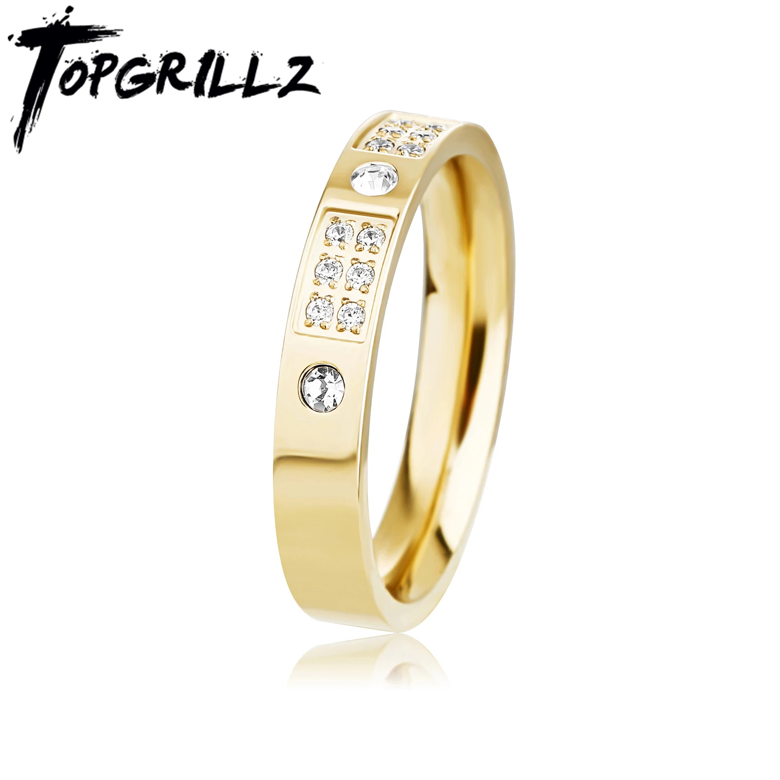 TOPGRILLZ Newest Iced AAA Cubic Zircon Ring Stainless Steel Waterproof Charm Women's Ring For Wedding and Gift