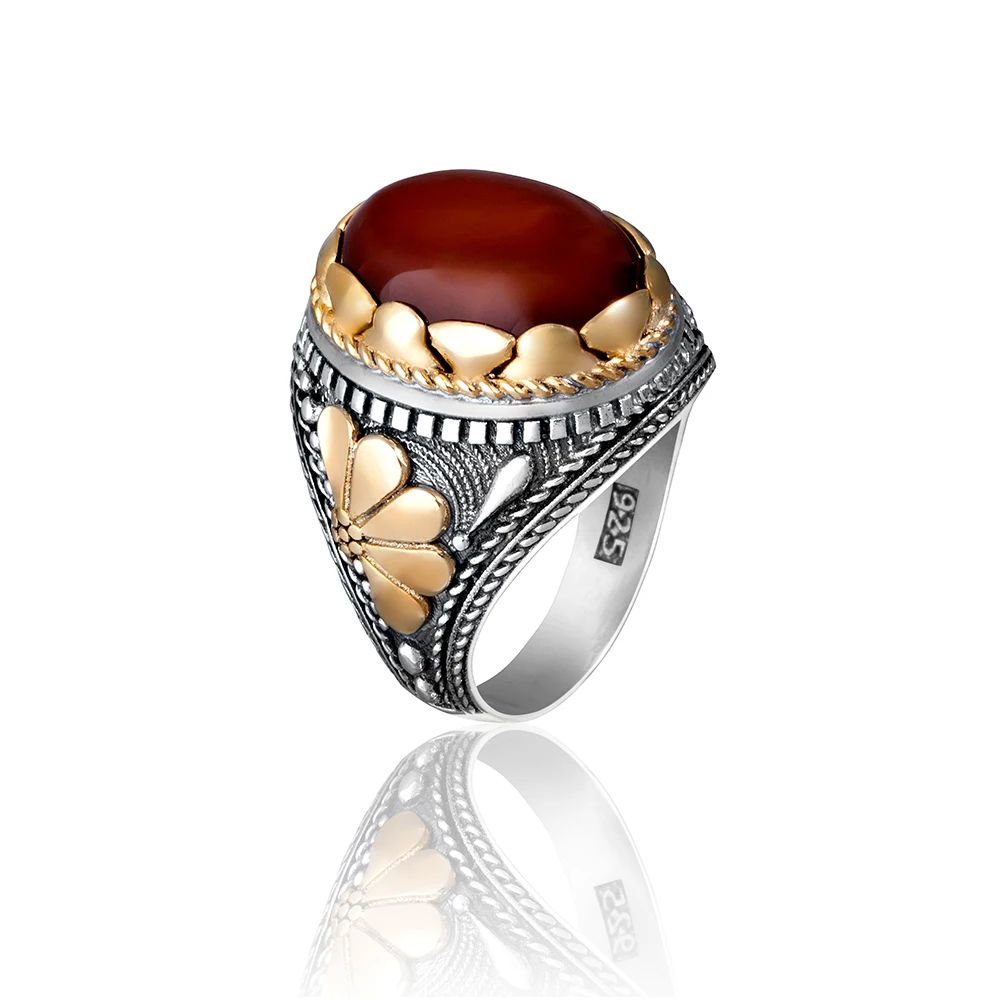 Natural Agate Stone Classic English Style 925 Sterling Silver Men's Ring