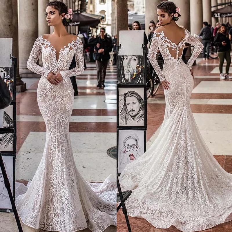 

Robe de mariee New Arrival Beach Mermaid Wedding Dress Open Back Lace Long Sleeve Wedding Gown Vestige De Noiva
