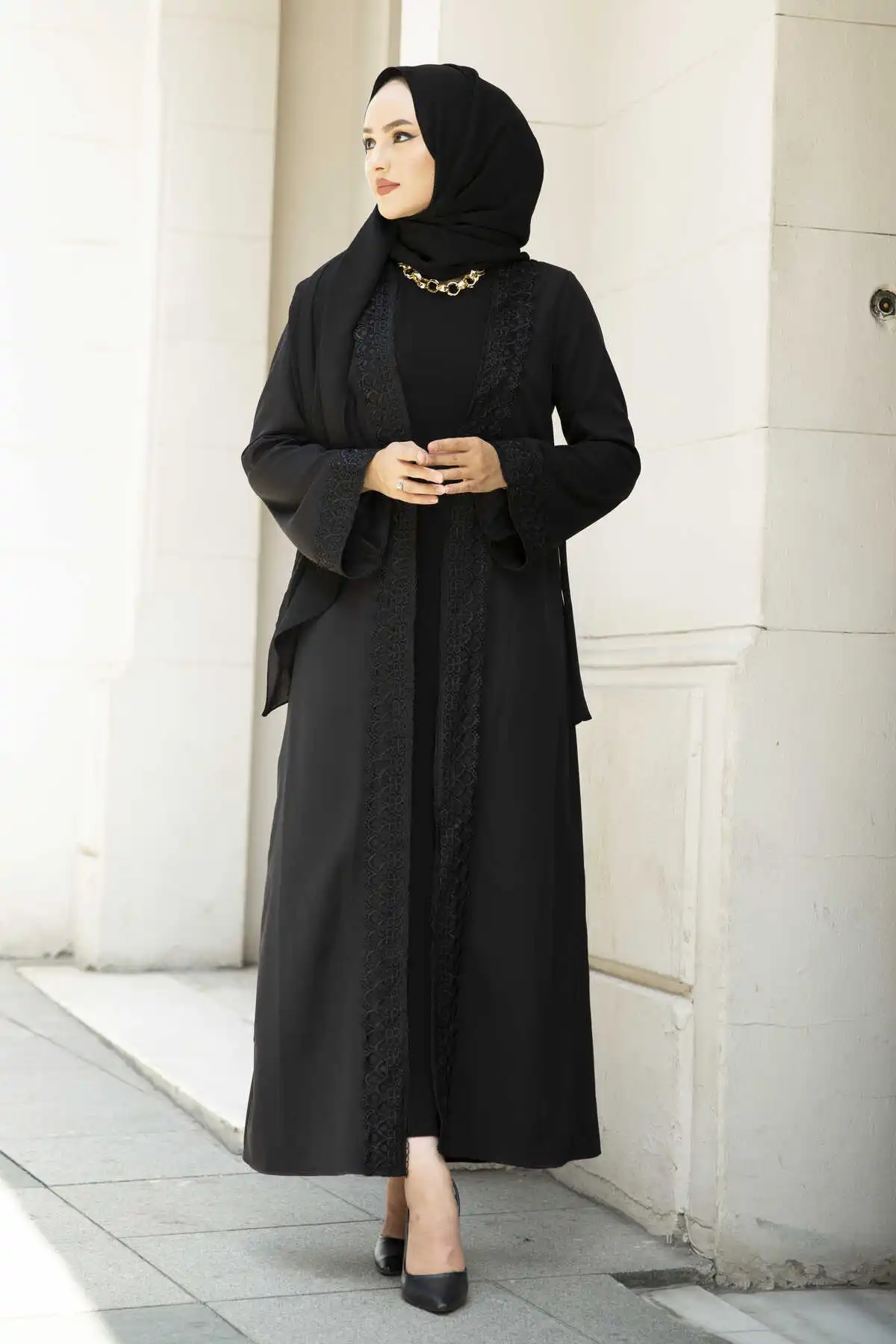 Lace Detailed Open Abayas For Women Dubai 2022 Luxury Kaftan Moroccan Caftan Muslim Kimono Turkey Free Shipping Saudi Black