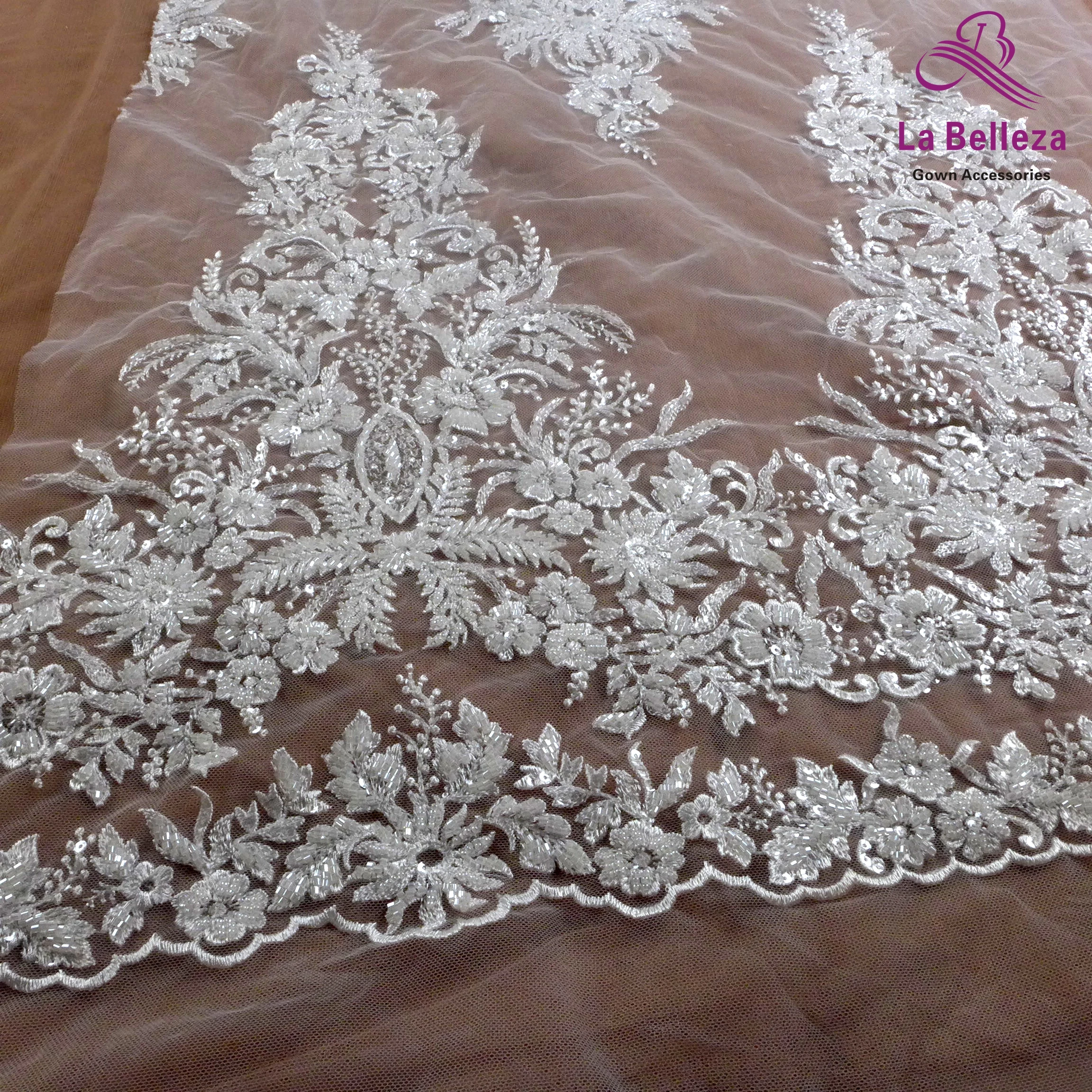 1 yard white bridal fabric, sequins beads embroidery wedding dress lace fabric,two side patterns gown lace,ivory gown lace