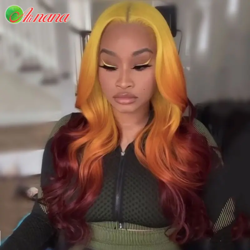 Peruca 3 tons de cabelo humano, cor amarela, laranja, vermelho, ombré, 13x4, renda frontal, pré-selecionado, malásia, para mulheres negras, densidade 150%