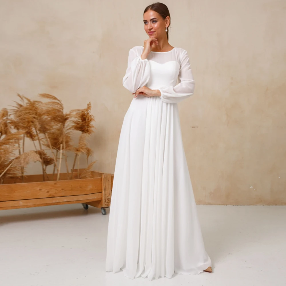 Vintage Chiffon Lange Hochzeit Kleid Für Frau Volle Hülsen Strand Brautkleid Scoop Neck EINE Linie Korsett Zurück Einfache Robe de Mariee