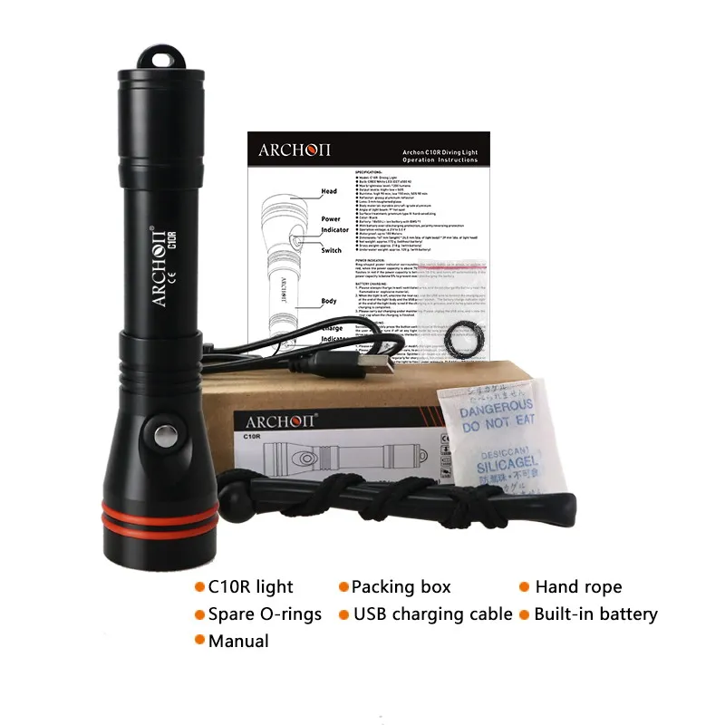 ARCHON C10R Diving Flashlight USB Charging Dive Torch 1200 lumen CREE LED chip Underwater Light 100m Diving Light Built-in 18650