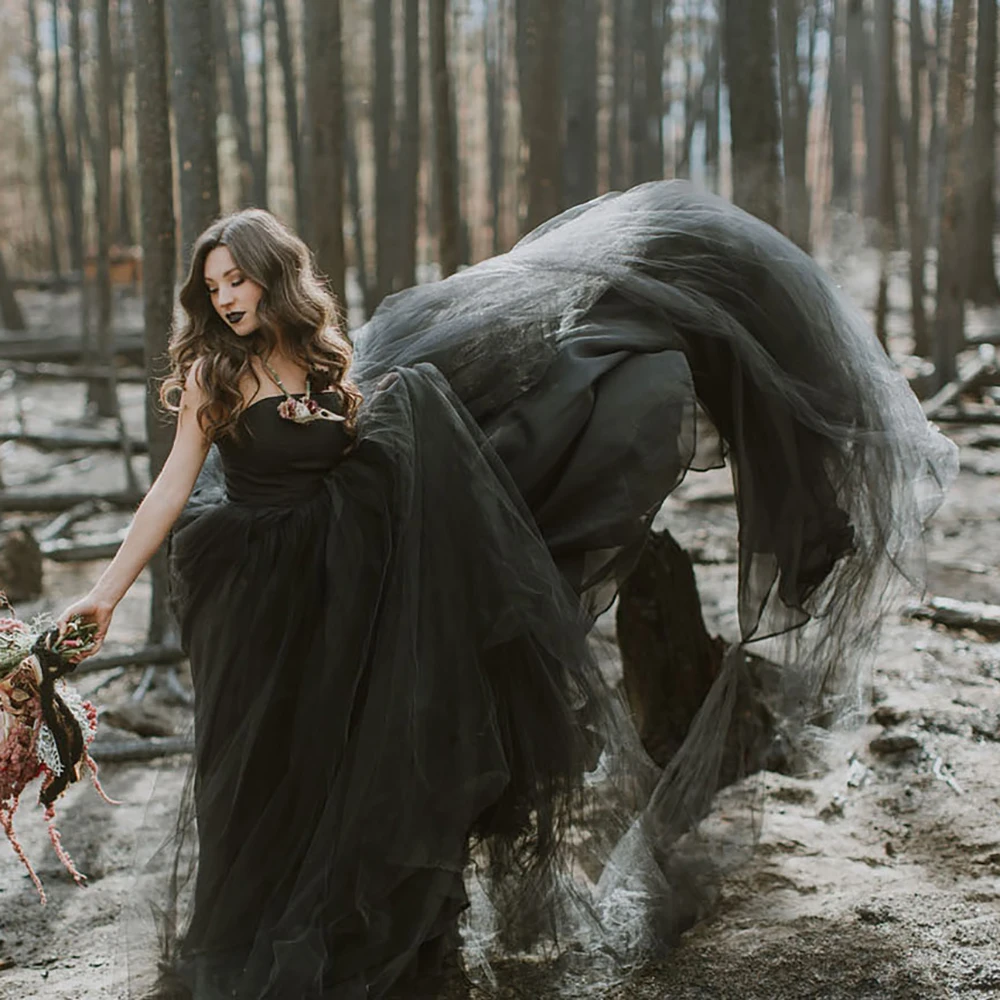 Vestido de novia sin tirantes de tul negro, prenda de novia con cola, cola, Simple, inflable, para fotografía