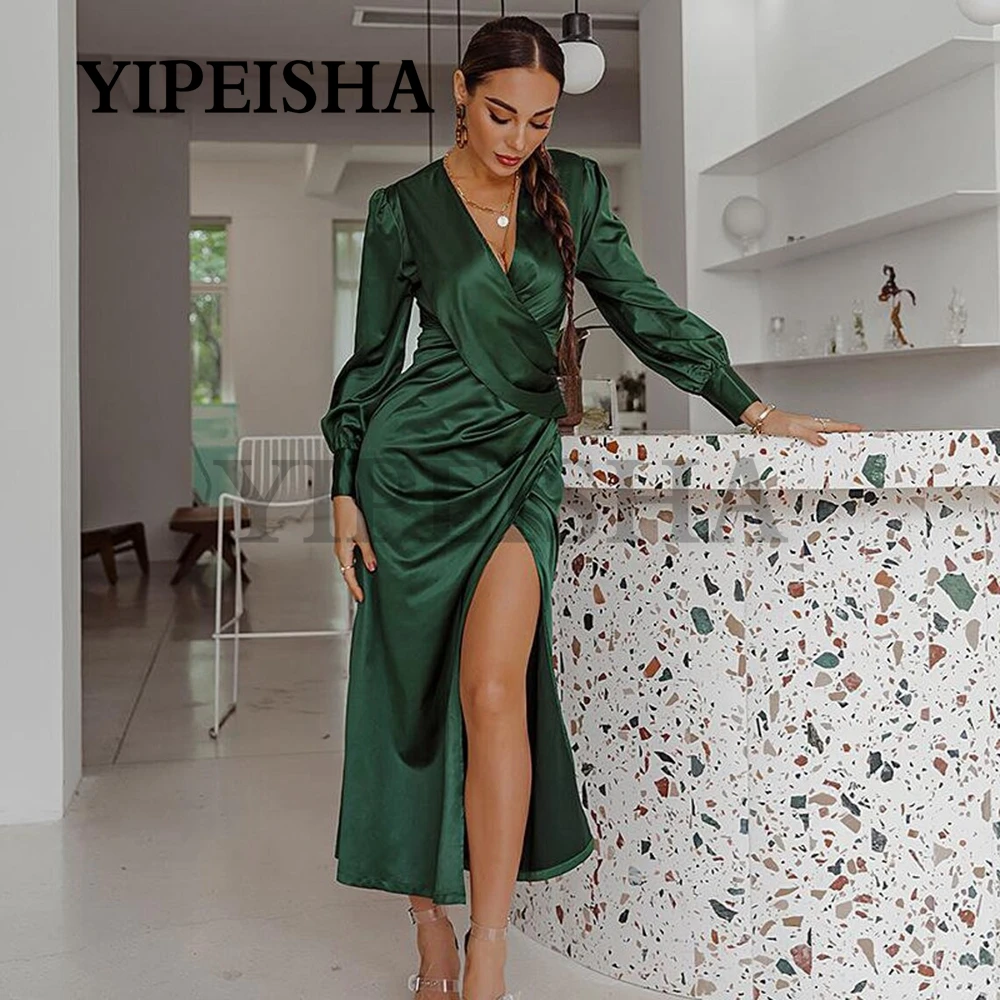 Simple V-Ncek Front High Split Evening Dresses Long Sleeve Satin Pleat Ankle-Length Prom Gown vestidos de fiesta robes de soirée