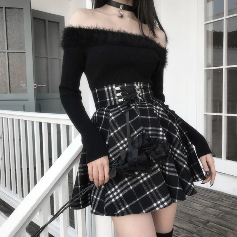 Qiukichonson Gothic Lolita Rock Frauen 2020 Frühling Herbst Winter Hohe Taille Lace-up Kurze Plaid Wolle Röcke Mini tutu femme