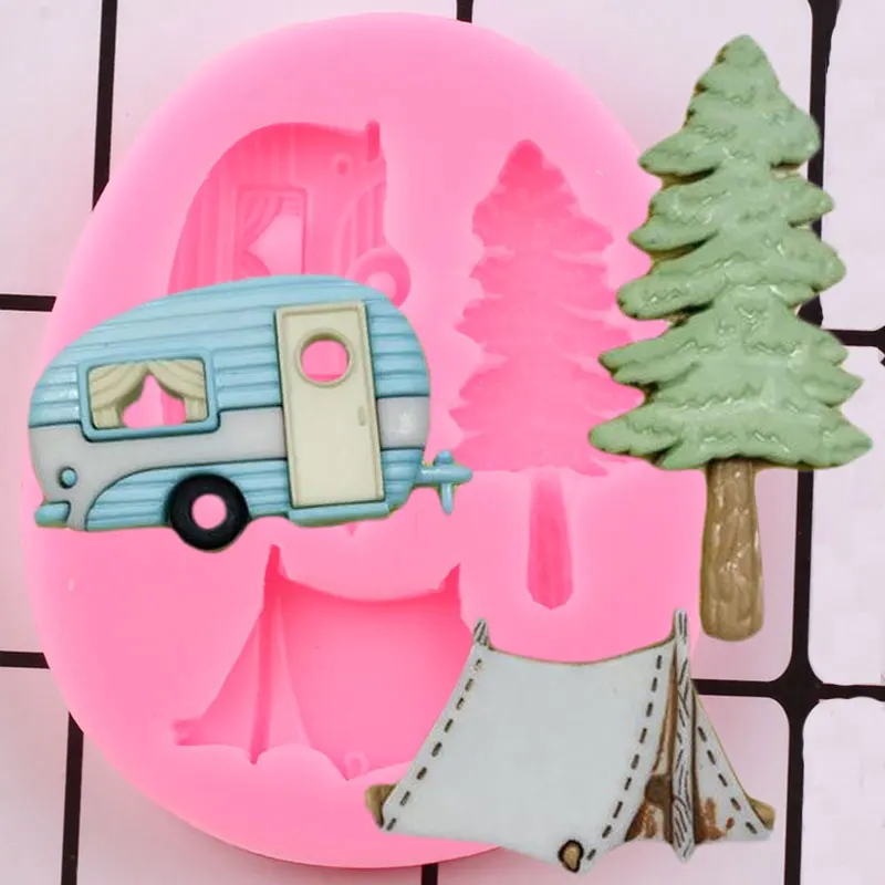 Camping Trailer Tent Tree Silicone Molds Baby Party Cupcake Topper Fondant Cake Decorating Tools Biscuit Baking Chocolate Moulds