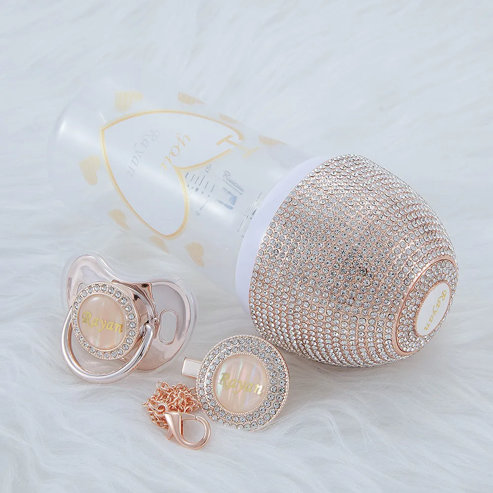 MIYOCAR personalized rose gold bling baby bottle pacifier and pacifier clip set BPA free gift for baby feeding bottle pacifier