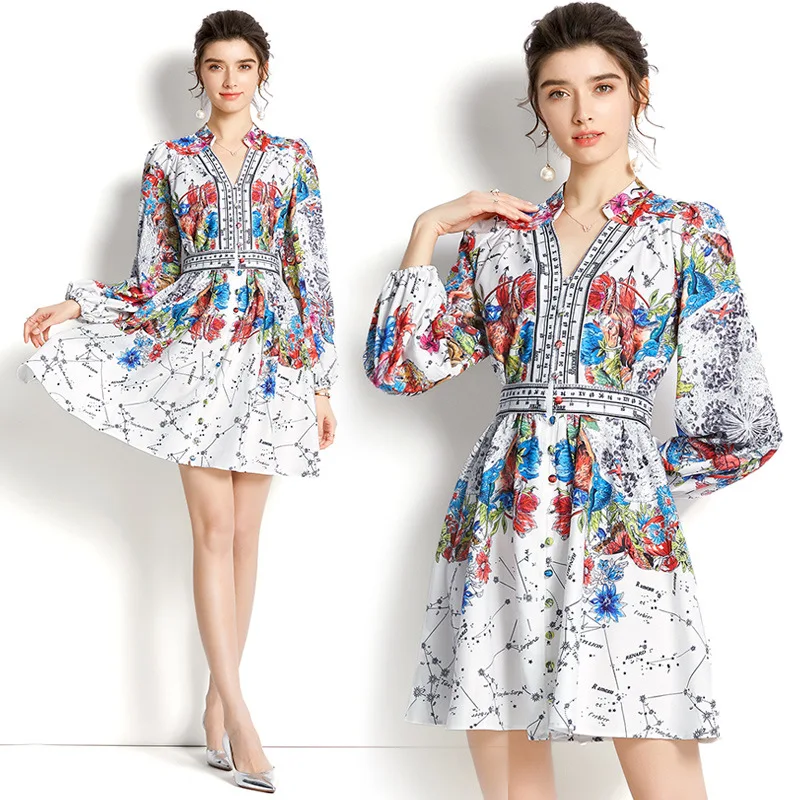 2024 early spring and summer new dress retro deep V-neck lantern sleeve printed single-breasted A-line short dresses