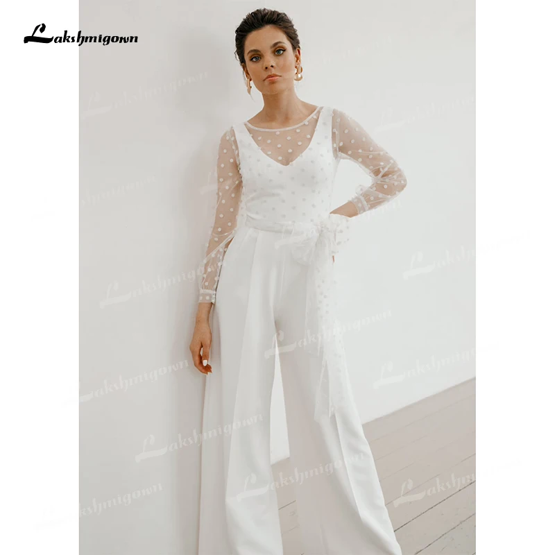 Moderno Set di due pezzi con scollo a v manica intera in pizzo tuta abito da sposa 2023 abito da sposa in raso bottone alla caviglia con fiocco