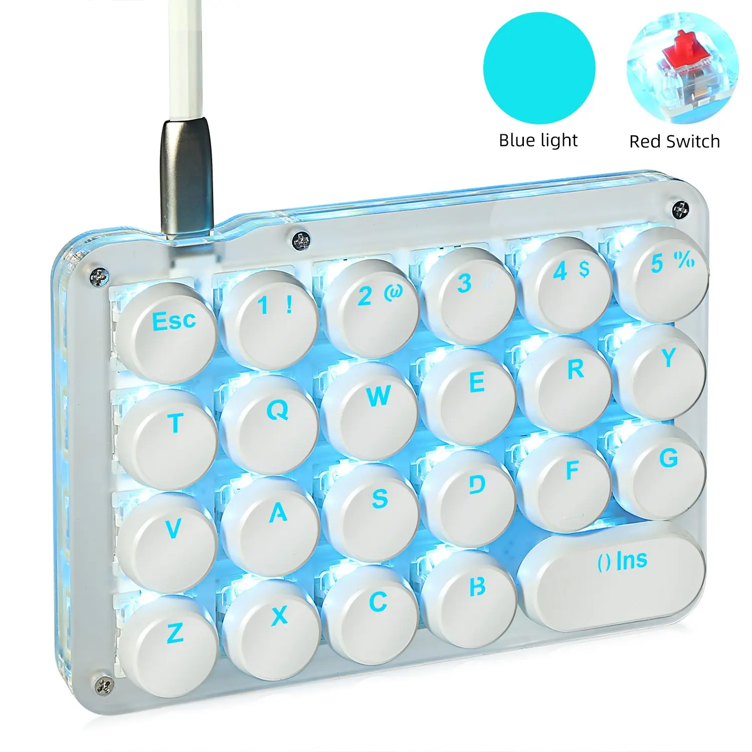 

23 Fully Programmable Keys Mechanical Keyboard Blue LED Backlit One-Handed Mechanical Gaming Keypad Red Switches & Round Keycaps