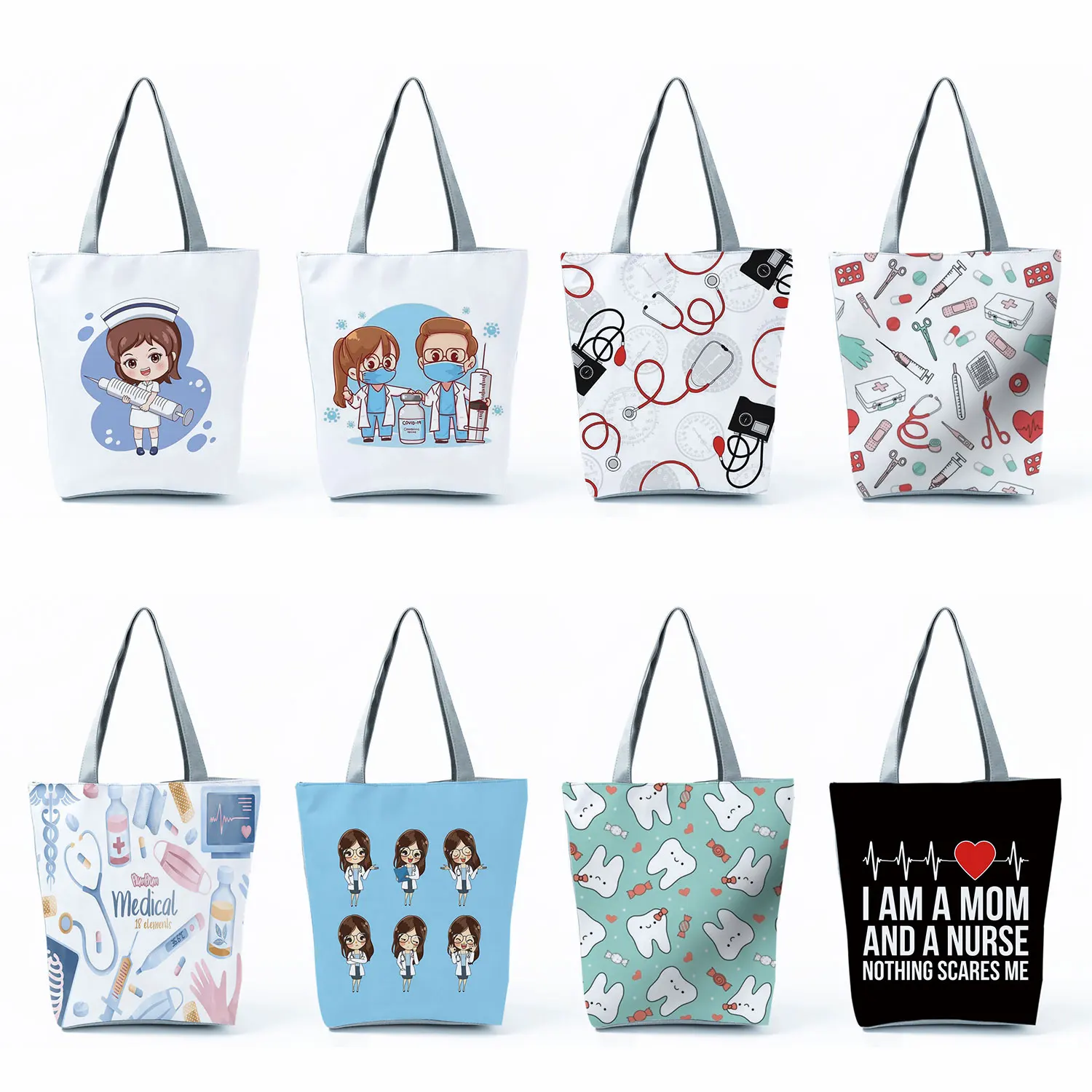 Customized Cartoon Dentist Nurse Print Tote Fashion Women Designer Handbags Eco Reusable Shopping Bag For Groceries Shoulder Bag