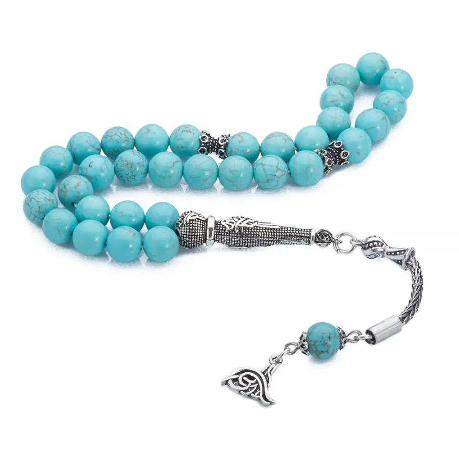 Natural Blue Turquoise Gemstone Prayer Rosary Men Sphere Cut Rosary With Silver Tassel Turkish Tasbih Patterned Tassel