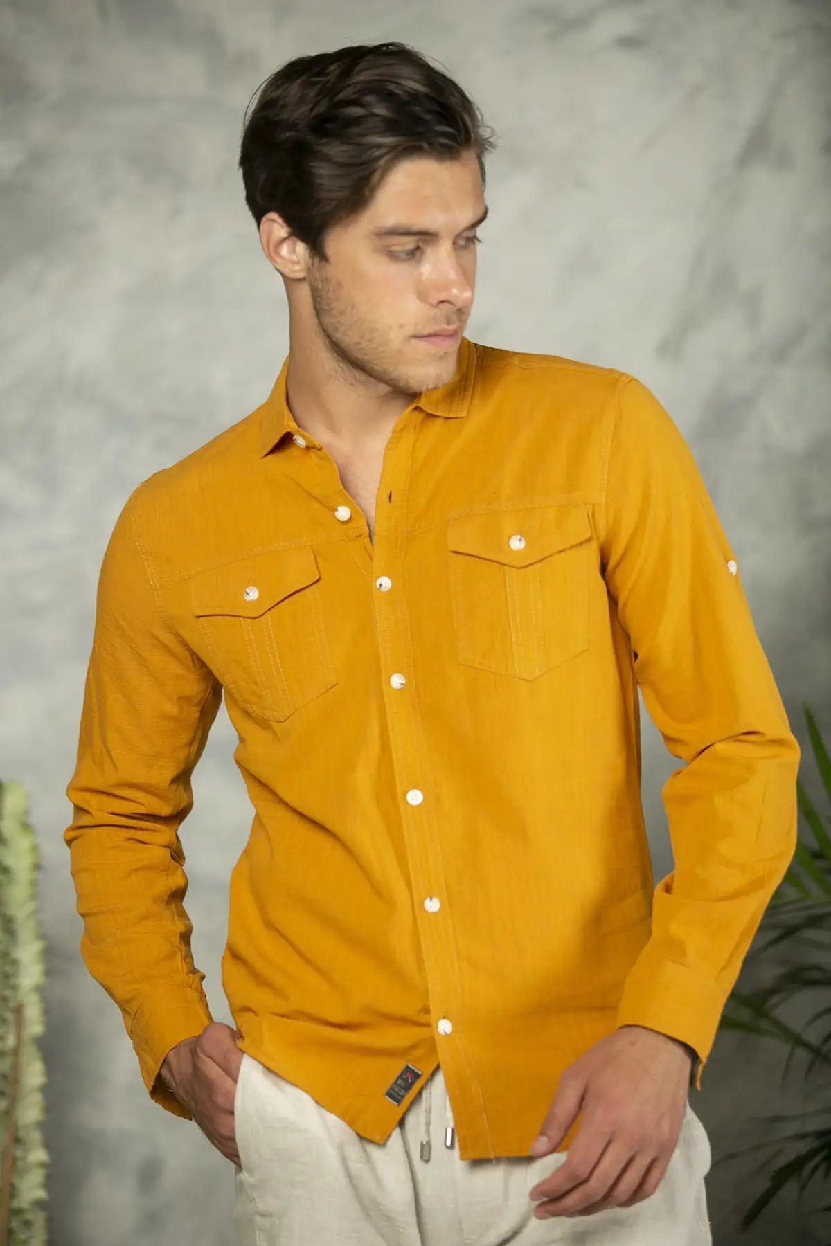 2021 New Season Men\'s Yellow Flamed Cotton Linen Double Pocket Shirt Slim Fit Yellow Pink Mustard Blue Brown Green Beige