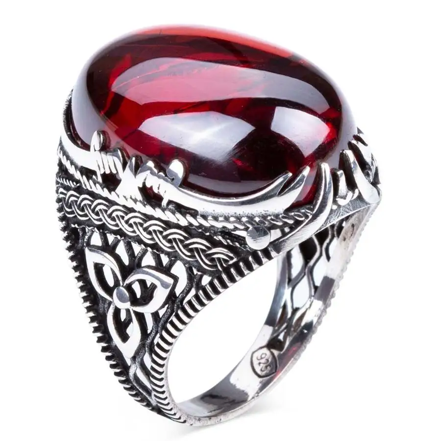 

Trillium Patterned Red Oval Zircon Stone Silver Men's Ring Fashion Turkish Premium Quality Handmade Jawelery