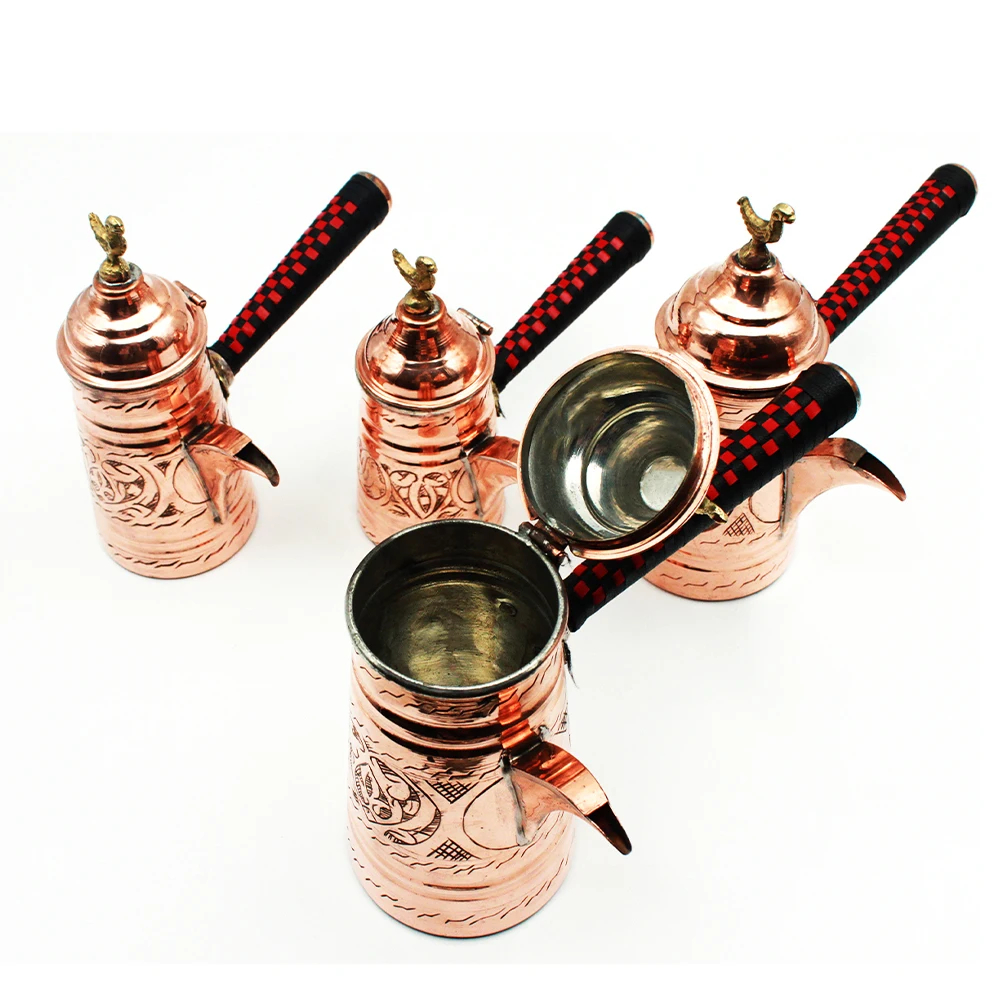 Copper Mırra Coffee Pot Set of 4 Copper Color Authentic Design Handcrafted arabic Coffee Culture Leather-Covered Handle