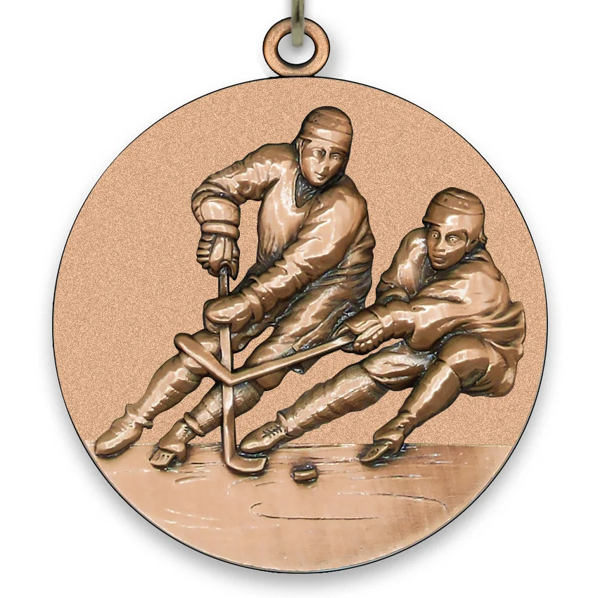 Large Metal Hockey Bronze Medal - 6,4 cm - with Neck Ribbon size 2,2cm x 80 cm, Choice of Ribbon Colours.