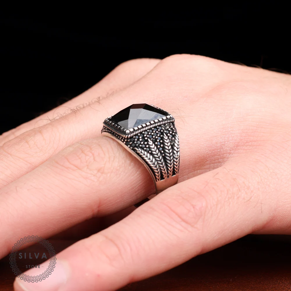 Original Sterling 925 Silver Men's ring With Black Zircon Stone . Men's Jewelry All Sizes Are Available